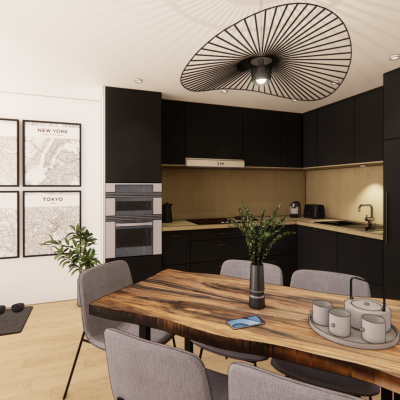 Visuel 3D d'une cuisine noire et bois avec salle à manger ouverte, table en bois massif et coin dédié pour un chien.