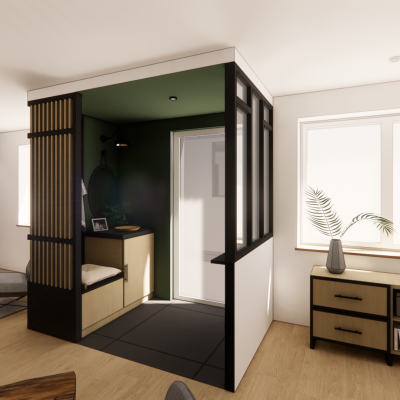 Visuel 3D d'une entrée sur mesure intégrée à un salon, avec verrière, assise et rangements en bois et noir.