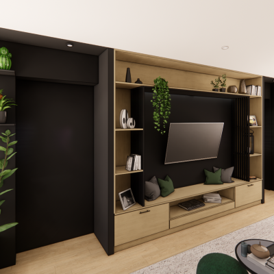 Visuel 3D d'un meuble TV sur mesure en bois et noir, incluant des rangements ouverts et fermés, des étagères décoratives et un mur avec de la végétation.