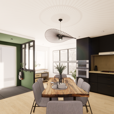Visuel 3D d'une pièce de vie avec cuisine ouverte noire et bois, salle à manger avec table en bois massif et entrée sur mesure avec verrière et claustra.