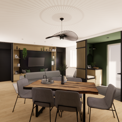 Visuel 3D d'une pièce de vie avec un espace salon, une salle à manger et une entrée sur mesure avec verrière et claustra en bois et noir.