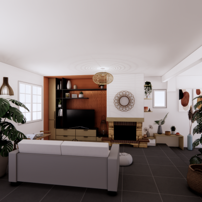 Visuel 3D d'un agencement sur mesure dans un salon, intégrant un meuble TV en bois avec des finitions noires, un mur texturé avec des panneaux décoratifs et une décoration naturelle.