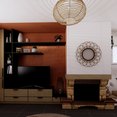Visuel 3D d'un agencement sur mesure dans un salon, intégrant un meuble TV en bois avec des finitions noires, un mur texturé avec des panneaux décoratifs et une décoration naturelle.