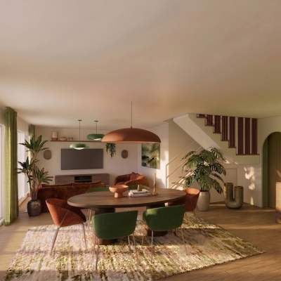 Accueil 4 Rendu 3D d'un espace de vie ouvert et moderne, combinant une salle à manger avec une table en bois ovale, des chaises orange et vertes et un grand tapis, avec un salon disposant d'une télévision et d'un escalier à l'arrière-plan.