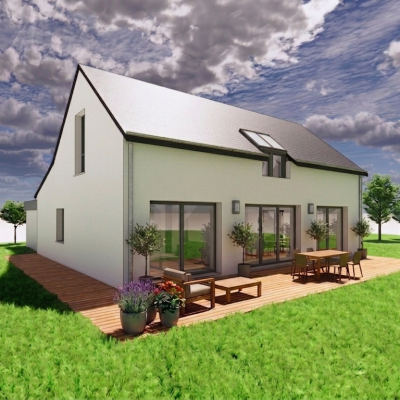Accueil 5 Rendu 3D de l'extérieur d'une maison moderne rénovée avec façade blanche, grande terrasse en bois aménagée et baies vitrées donnant sur le jardin.